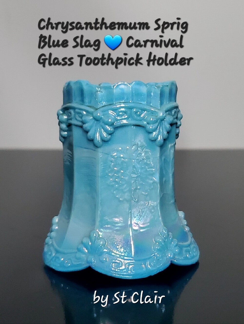 St Clair Blue Slag  Chrysanthemum Sprig Carnival Glass Toothpick Holder